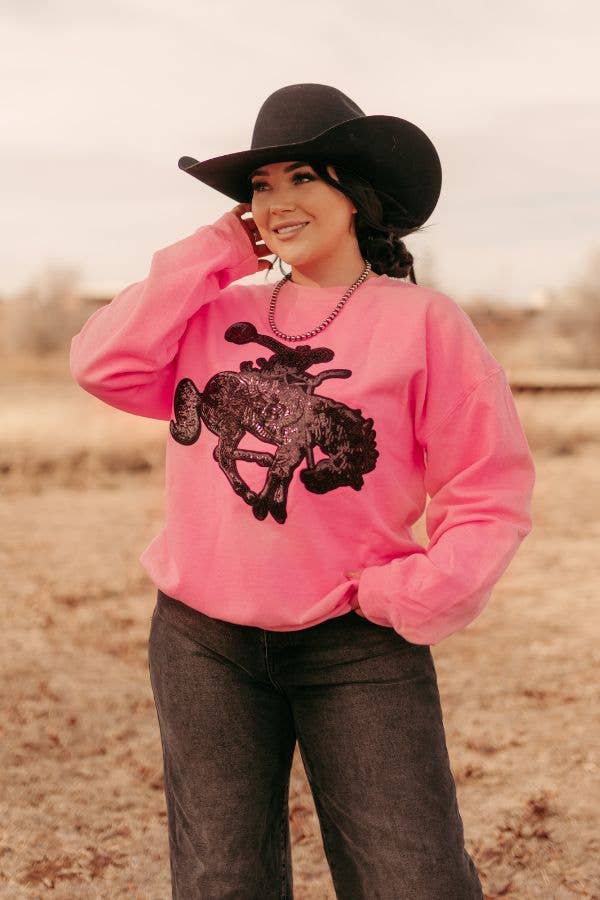 Neon Pink Black Sequin Bronc Sweatshirt