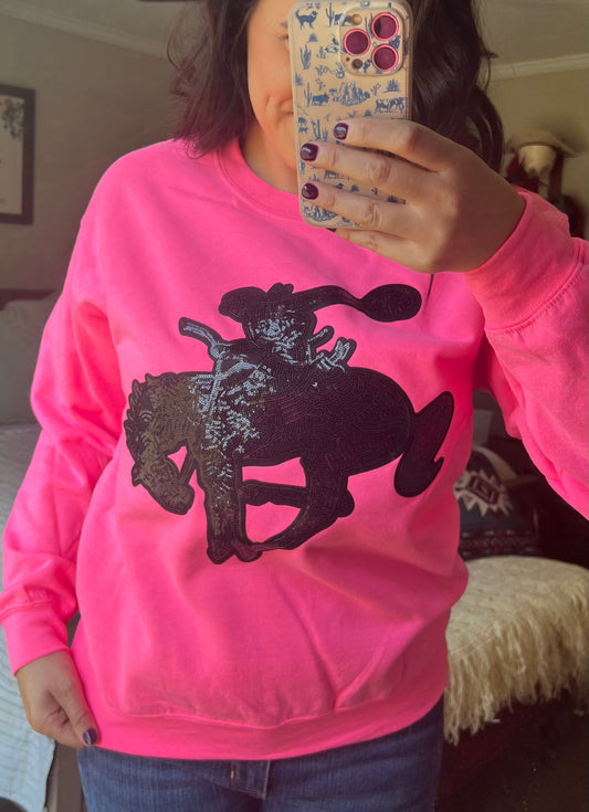 Neon Pink Black Sequin Bronc Sweatshirt